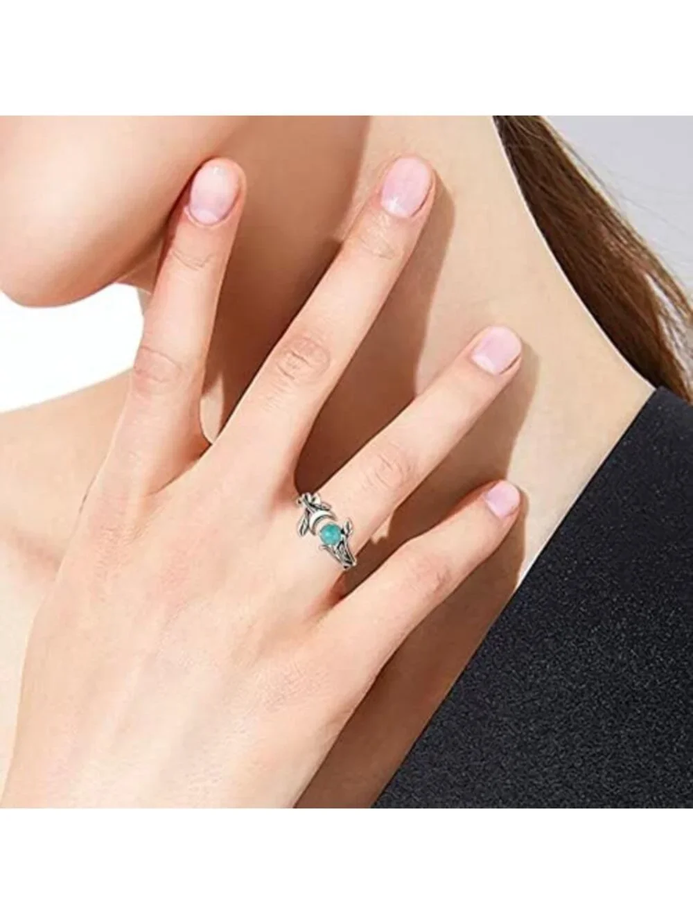 Adjustable Crescent Moon Ring with Moonstone, Turquoise & Fire Opal in 925